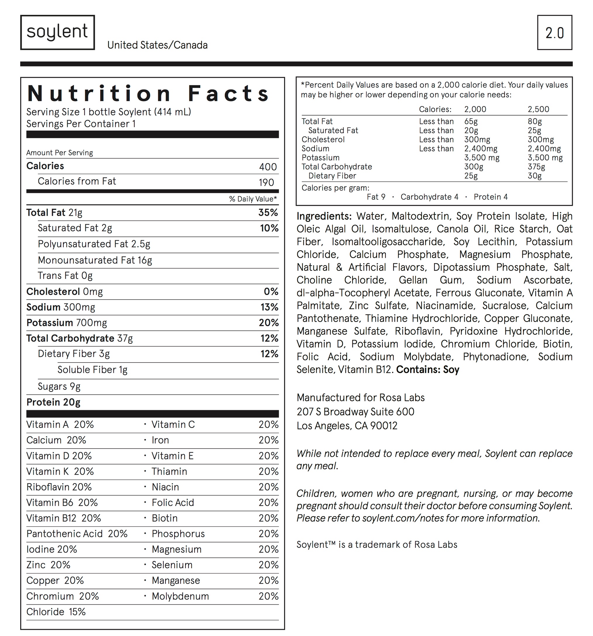 Nutritional label and ingredients list from a bottle of Soylent.
