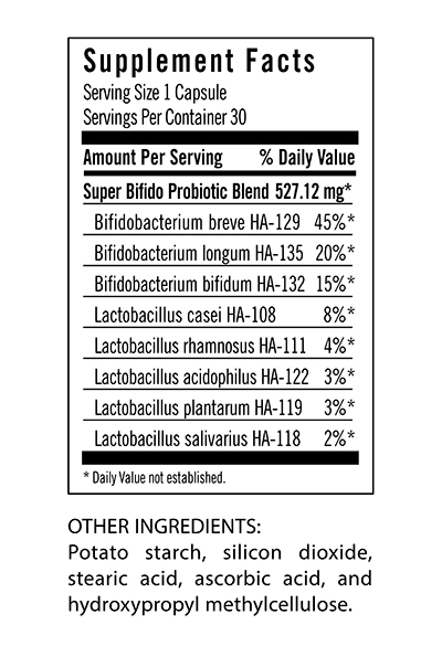 Super Bifido Plus Probiotics contains high amounts of live Bifidobacteria and Lactobacillus.